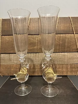 Set Of 2 MURANO? HAND BLOWN CHAMPAGNE SWAN FLUTE GOBLET GLASSES 11” • $59