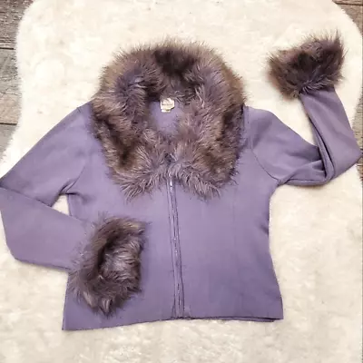 Von Saken Purple Zip-Up Sweater Jacket With Faux Fur Trim Vintage Size Small • $50