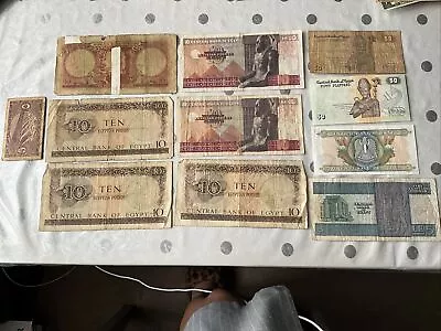 Egyptian Old Banknotes X11 - 6 X £10-1 X £5 2 X 50 Piastres 1 X 25 Piastres 1x5 • $3.95