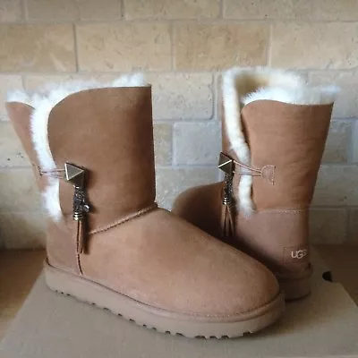 UGG Lilou Bailey Button Charms Chestnut SuedeCuff Short Boots Size US 6 Womens • $118.99