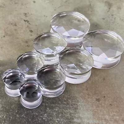 Clear Faceted Double Flare Glass Plugs (PG-555) Gauges PICK YOUR SIZE • $12.09