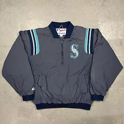 Vintage Y2K Seattle Mariners Half Zip Nylon Bomber Jacket Blue L • $39.99