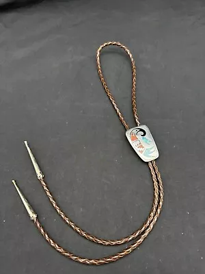 Vintage Native American Sterling Silver Coral & Turquoise Chips Inlaid Bolo Tie • $107.99