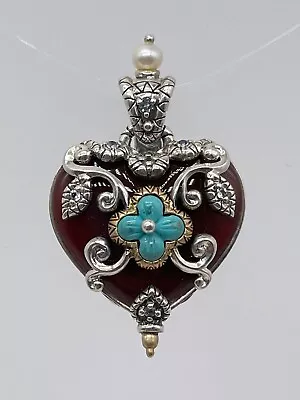 Barbara Bixby 925 Sterling Silver 18k Gold Turquoise & Carnelian Heart Pendant • $125