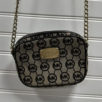 Michael Kors Small Black Tan Logo MK Jet Set Crossbody Chain Handbag Purse • $23.99