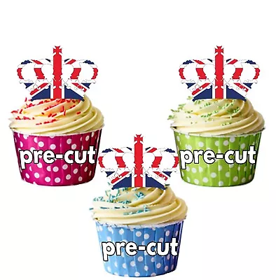 PRECUT Union Jack  Crowns Cupcake Toppers Cake Decorations King Coronation • £3.75