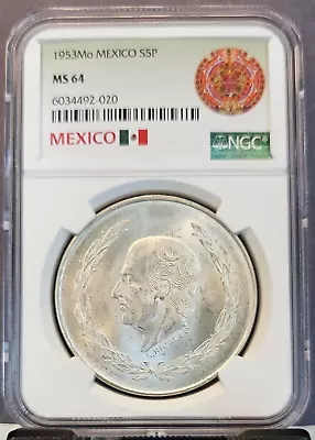 1953 Mexico Silver 5 Pesos S5p Hidalgo Ngc Ms 64 Nice Bu Coin • $69.95