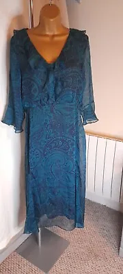 £69.99 • Buy BRORA 100% Pure Silk Green Ruffle Neckline Dress With Blue Floral Pattern UK 12