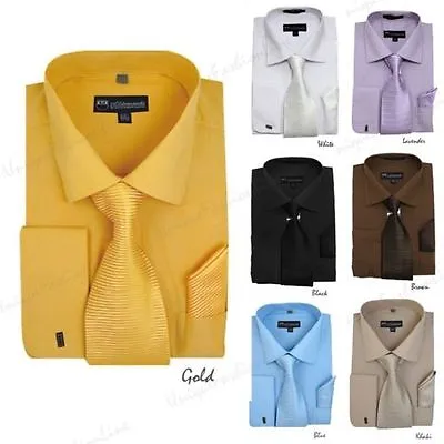 New Men's French Cuff Dress Shirt + Tie + Handkerchief Set Spread Collar SG27 • $26.24