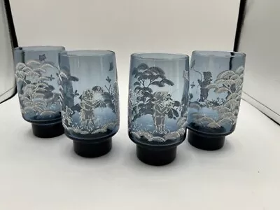 Set Of 4 -70's LIBBEY Tumbler Glass Blue W/White/Gray Mary Gregory Boy/Girl/Dog • $36.32