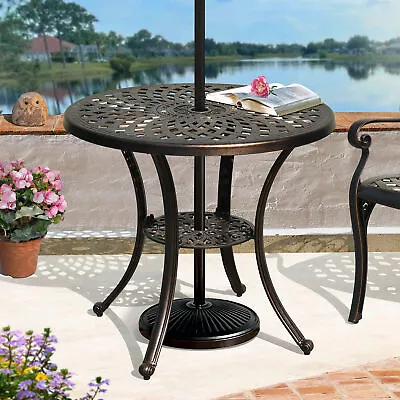 Patio Round Dining Table Cast Aluminum Outdoor Bistro Table W/ Umbrella Hole • $85.99