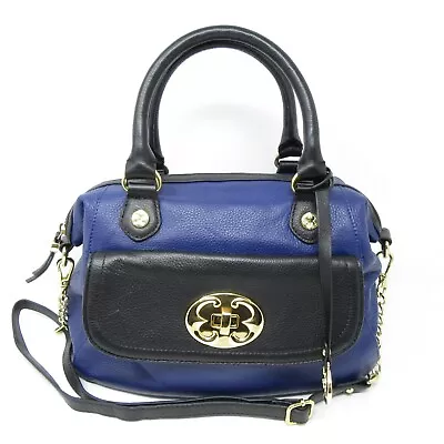 $44.99 • Buy Emma Fox Blue Black Leather Satchel Gold Hardware Convertible Shoulder Bag Purse