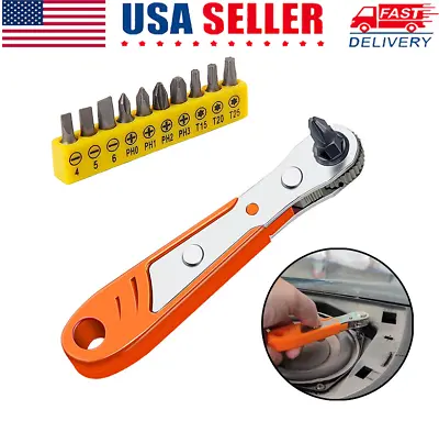 Ratcheting Right Angle Screwdriver Hex Drive 90 Degree Offset + 10pc Bits Set! • $7.35