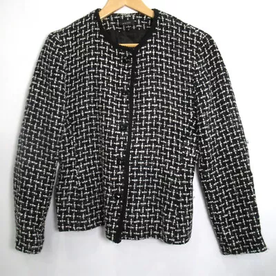 Vintage Kriss Sweden Wool Blend Boucle Jacket Collarless Black & White Pattern S • $31.57