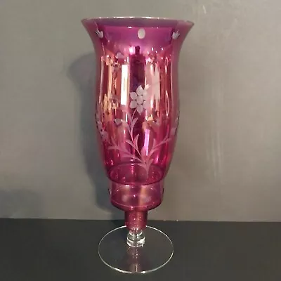Vintage Etched Cranberry Glass Candlestick Candle Holder Hurricane Chimney 2pc • $29.75