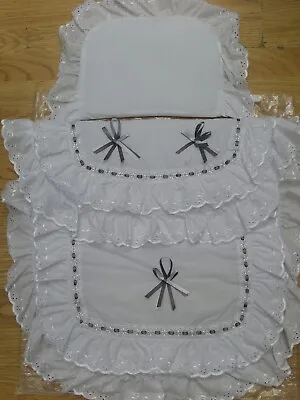 Spanish Romany Style Baby Pram Set Quilt & Pillow Set Colour White / Grey • £33.99