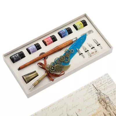 Antique Quill Dip Pen Set 5 Colorful Ink Bottles 4 Pen Nibs Calligraphy Kit • £14.50