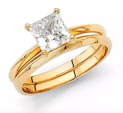 1.30 Ct Princess Real 14K Yellow Gold Engagement Wedding Ring Set Matching Band • $344.40