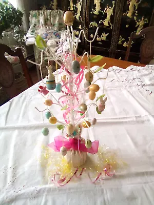 VTG EASTER EGG TREE PASTEL W WHITE HAND PAINTED ORNAMENTS EASTER DECOR CUTE!! • $12.77