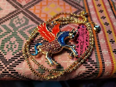 $5 • Buy Betsey Johnson Enamel Jewelry Pendant Rhinestone Pegasus Horse Pink Necklace 