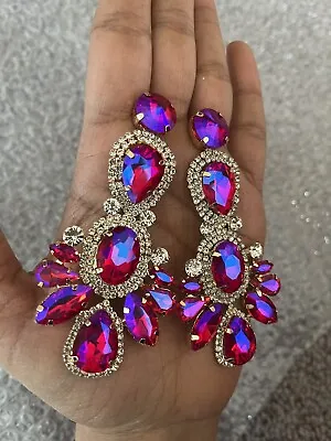 3.5” Big Long Ab Pink Fuchsia Dangle Pageant Rhinestone Crystal Magenta Earrings • $17
