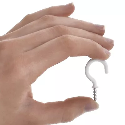 Small Cup Hook 25mm Screw White PVC Plastic Coated Shouldered Peg Wall Ceiling • £2.24