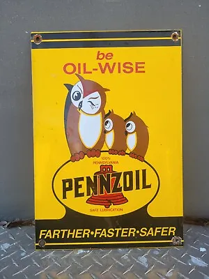 Vintage Pennzoil Porcelain Sign Owl Wise Gas Station Oil Service 16  Pump Sign • $155.37