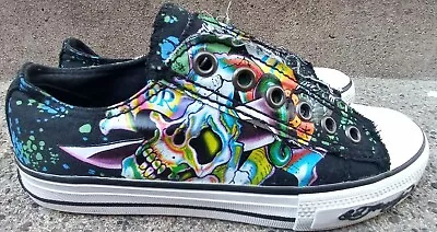 Ed Hardy Distressed Skull Dagger Colorful Laceless Low Top Sneakers Womens Sz 5 • $99.99