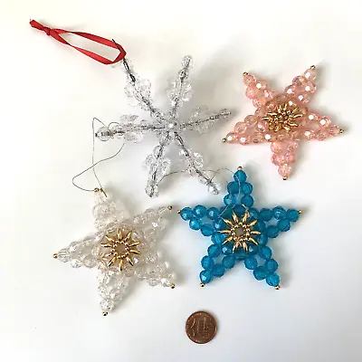 4 Vintage Beaded Handmade Snowflake Stars Christmas Ornaments Blue Clear Pink • $8