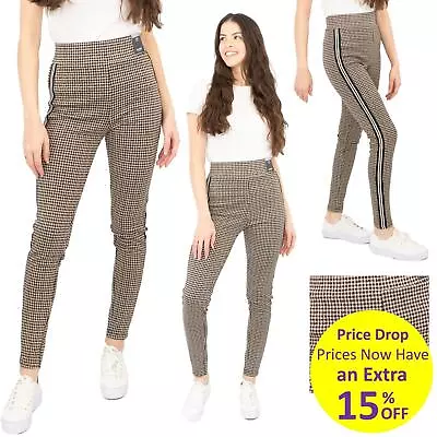 M&S Leggings Womens Brown Check Pattern Stretch Side Stripe Trouser Work Casual • £17