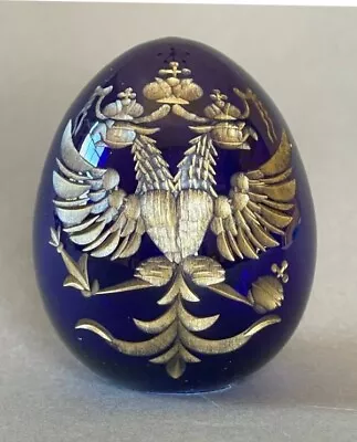 Cobalt Blue Russian FABERGE 2 1/2  Cut Glass Egg Paperweight Gold Encrusted • $10.50