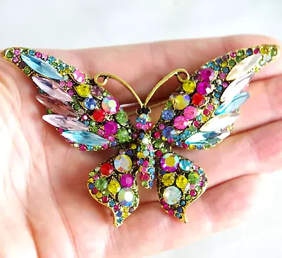 Big 3 1/4  Nwot Multi-color Ab & Pastel Glass Rhinestone Butterfly Brooch Pin • $11.45