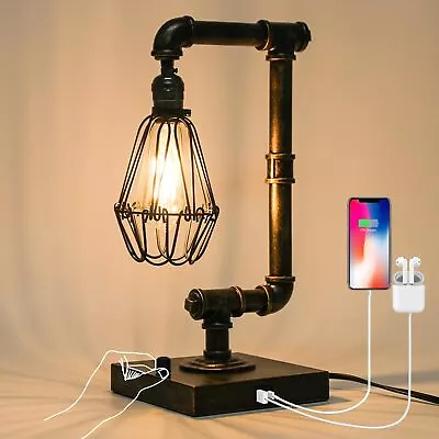 Ganiude Steampunk Table Lamp Industrial Desk Lamp With USB Ports Rustic Ediso... • $63.74