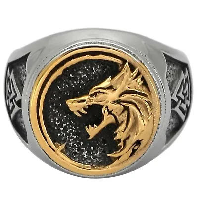 Norse Fenrir Signet Ring Mens Gold PVD Stainless Steel Viking Valknut Wolf Band • $18.99