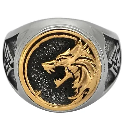 $18.99 • Buy Norse Fenrir Signet Ring Mens Gold Stainless Steel Viking Valknut Wolf Band
