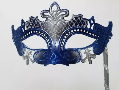 Silver & Blue Rialto Venetian Carnival Masquerade Party Eye Ball Mask On A Stick • £13.99