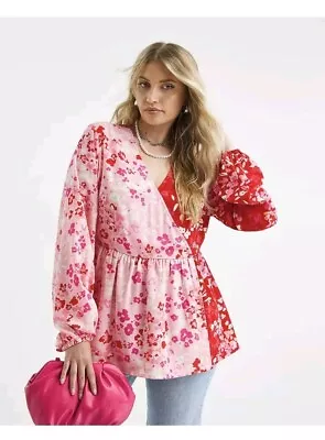Pink Floral Wrap V Neck Peplum Blouse Top Size 18 BNWT • £9.99