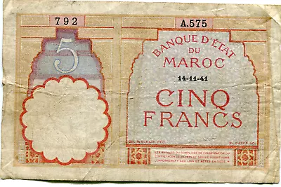 Morocco 5 Francs Note 1941 Issue Pick 23Ab   Lotapr8604 • $6.75