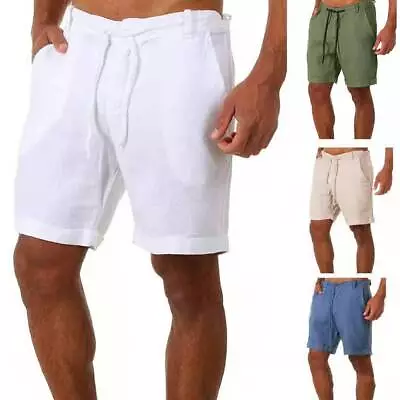 Mens Solid Cotton Linen Drawstring Shorts Mens Wide Leg Short Pants Trousers US • $14.99