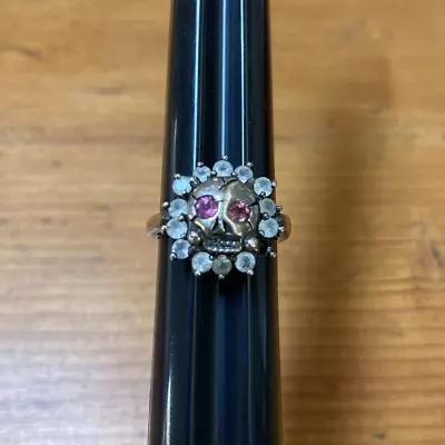 925 Sterling Silver Goth Mexican Day Of Dead Skull Pink Rhinestone Ring Size 7 • $53.99