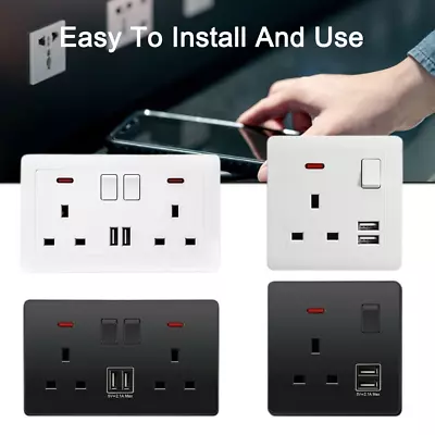 Single Double Wall Plug Socket 13A W/ 2 Charger USB Ports Outlets Flat Plate • £115.99