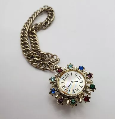 Vtg 50s Coin Holder Rhinestone Clock Charm Bracelet Multicolor Gold Tone 7.5  • $16