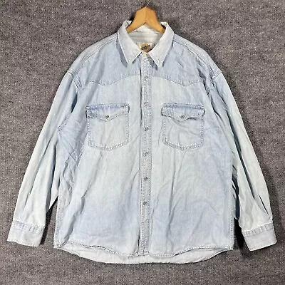 VINTAGE 90s Field Gear Denim Chambray Shirt Mens Large Pearl Snap Western • $24.48