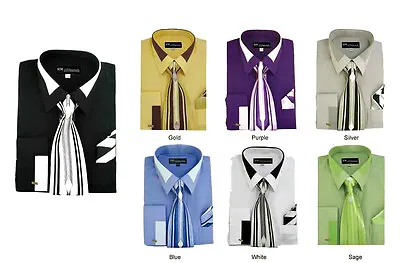 Men's French Cuff Dress Shirt With Tie And Handkerchief 7 Colors Size 15~20 SG34 • $22.99