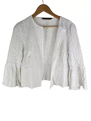 Zara White Eyelet Cropped Peplum Cardigan Flare Sleeves Size L • £11.89