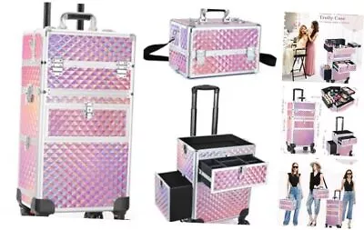 Professional Rolling Makeup Train Case Multi-functional Cosmetic Pink-L • $199.32