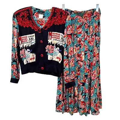 VTG Carole Little Art To Wear Rayon Skirt Set Moulin Rouge Size 8 Blazer 4 Skirt • $98