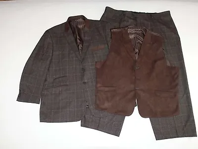 Lineage Men's 2 Button 3 Piece Suit Size 54 Regular 46 X 28 Brown Plaid Pleated • $59.49