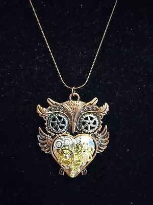 Mixed Metal Tone Steampunk Owl Heart Pendant Necklace 20   • $9