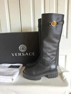 VERSACE Women Black Knee High Boots 6/36 Mint $1790 • $849